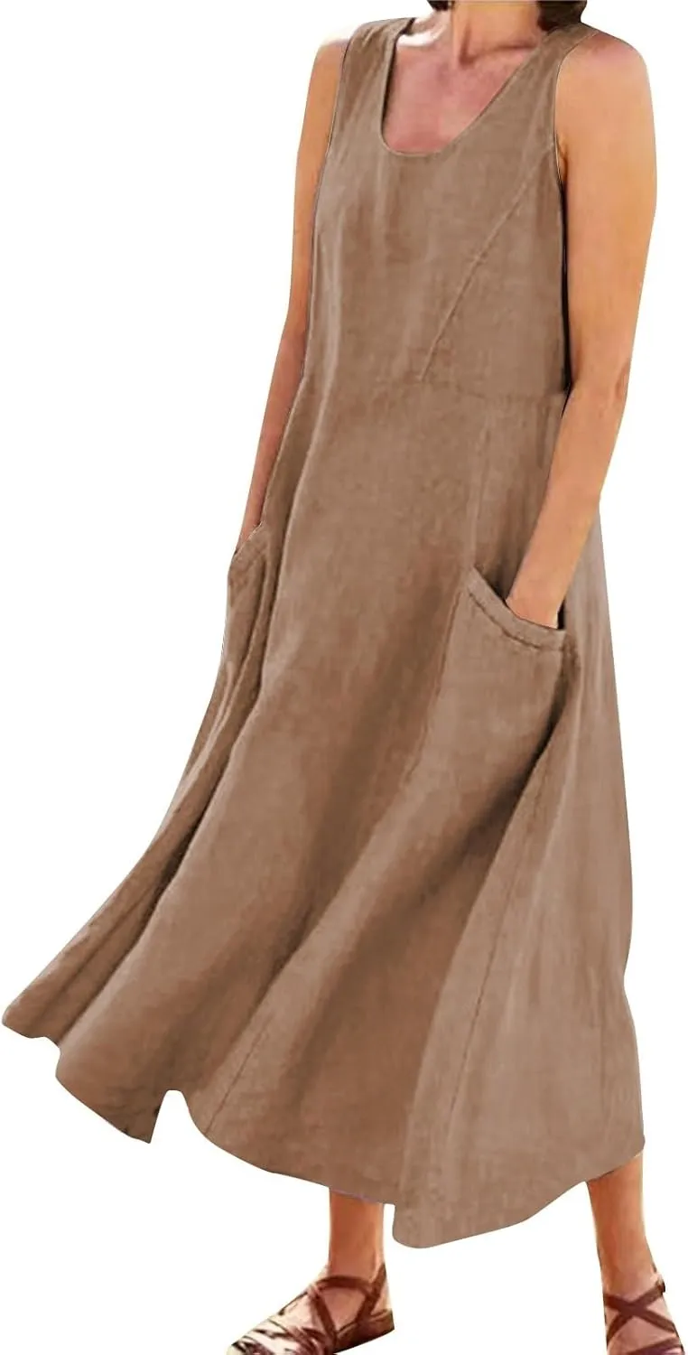 SGASY Summer Dresses for Women 2025 Sleeveless Casual Cotton Linen Sundress Plus Size Maxi Tank Beach Dress with Pocket
