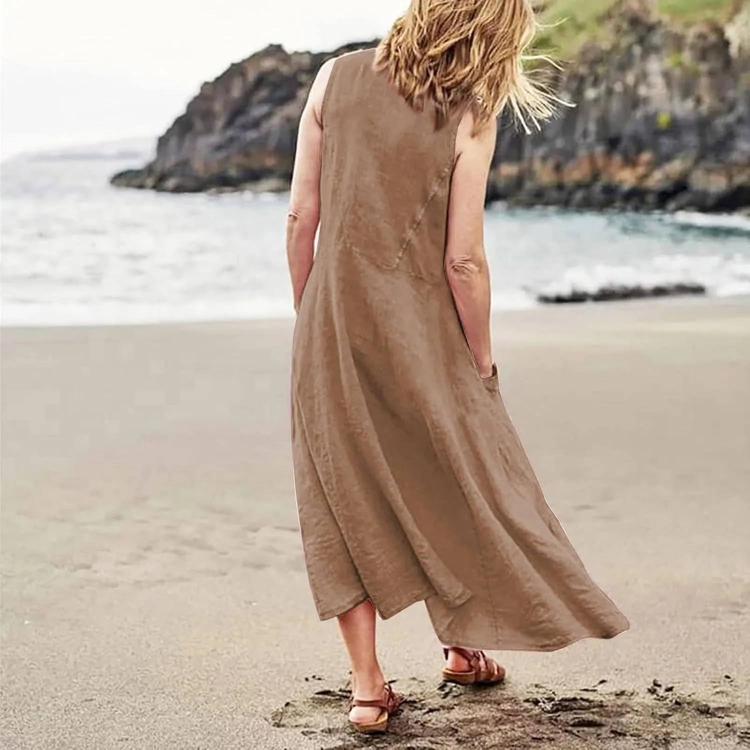 SGASY Summer Dresses for Women 2025 Sleeveless Casual Cotton Linen Sundress Plus Size Maxi Tank Beach Dress with Pocket