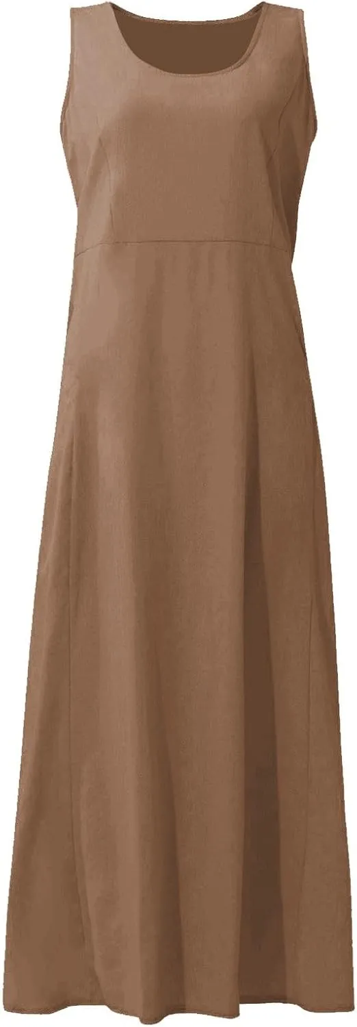 SGASY Summer Dresses for Women 2025 Sleeveless Casual Cotton Linen Sundress Plus Size Maxi Tank Beach Dress with Pocket