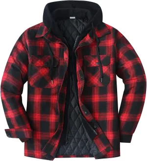 SHAOBGE Mens Fleece Lined Flannel Plaid Shirts Jacket Button Down Sherpa Jackets with Hood Long Sleeve Winter Hooded Coats