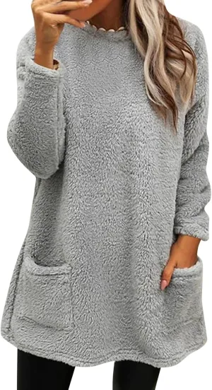 SHAOBGE Womens 2023 Winter Fleece Jacket Sweater Warm Solid Color Outerwear Lightweight Casual Loose Coat with Pockets