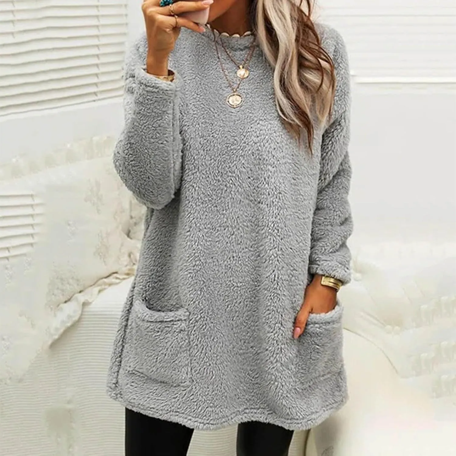 SHAOBGE Womens 2023 Winter Fleece Jacket Sweater Warm Solid Color Outerwear Lightweight Casual Loose Coat with Pockets