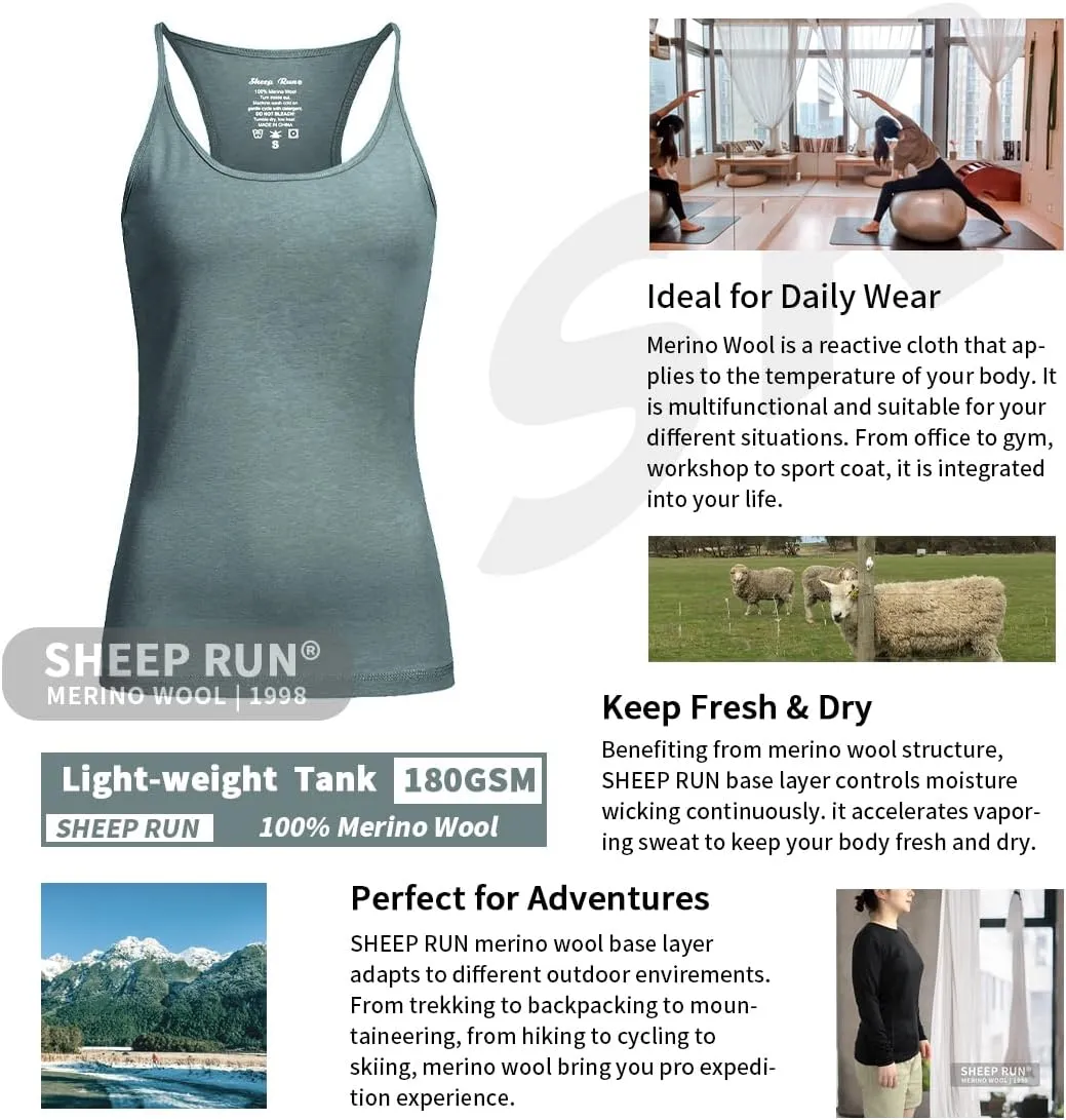 SHEEP RUN Merino Wool Camisole Racerback Tank Top Yoga Shirt Breathable Light-Weight Shirt