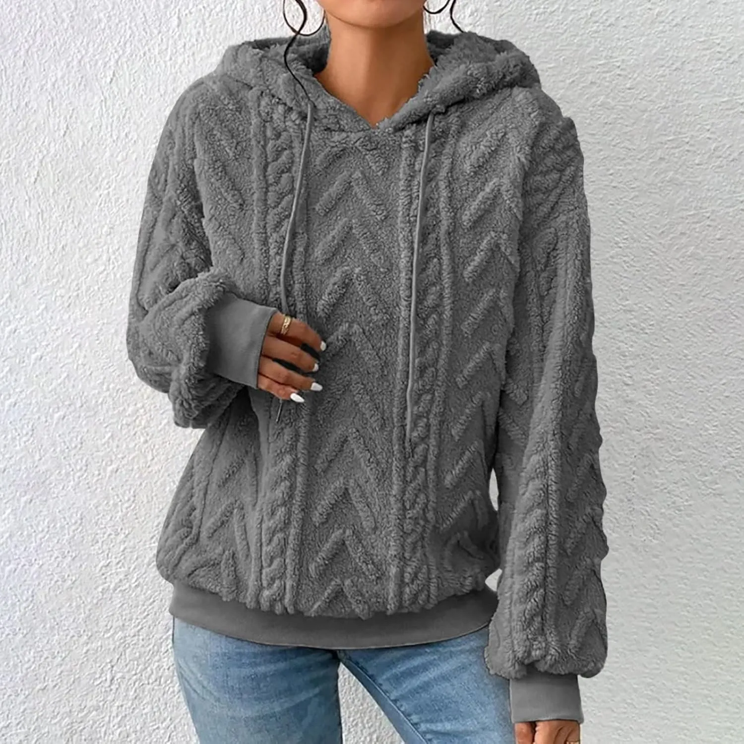 Sherpa Hoodies for Women Fleece Cable Knit Hoodies Fall Winter Warm Y2k Hoodie Oversized Sweatshirts For Women