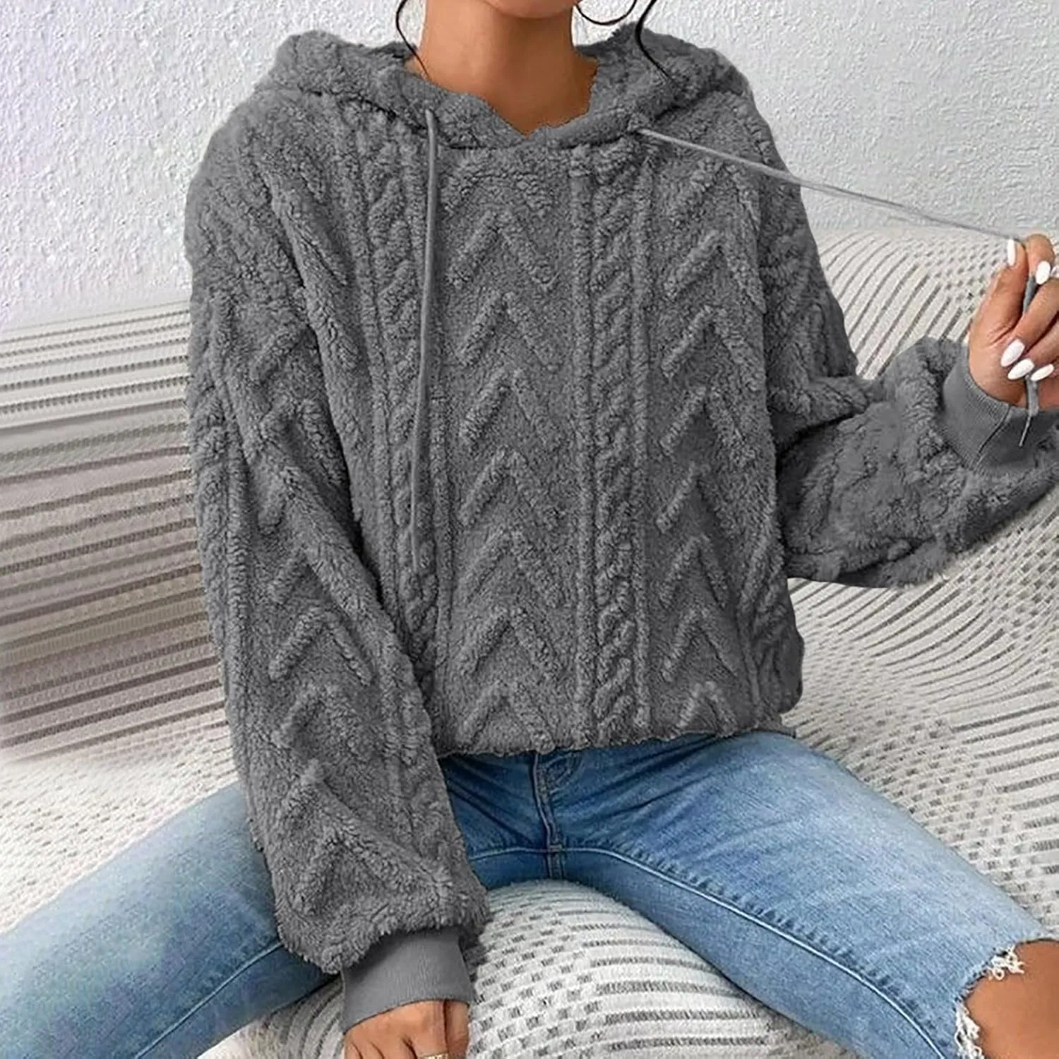 Sherpa Hoodies for Women Fleece Cable Knit Hoodies Fall Winter Warm Y2k Hoodie Oversized Sweatshirts For Women