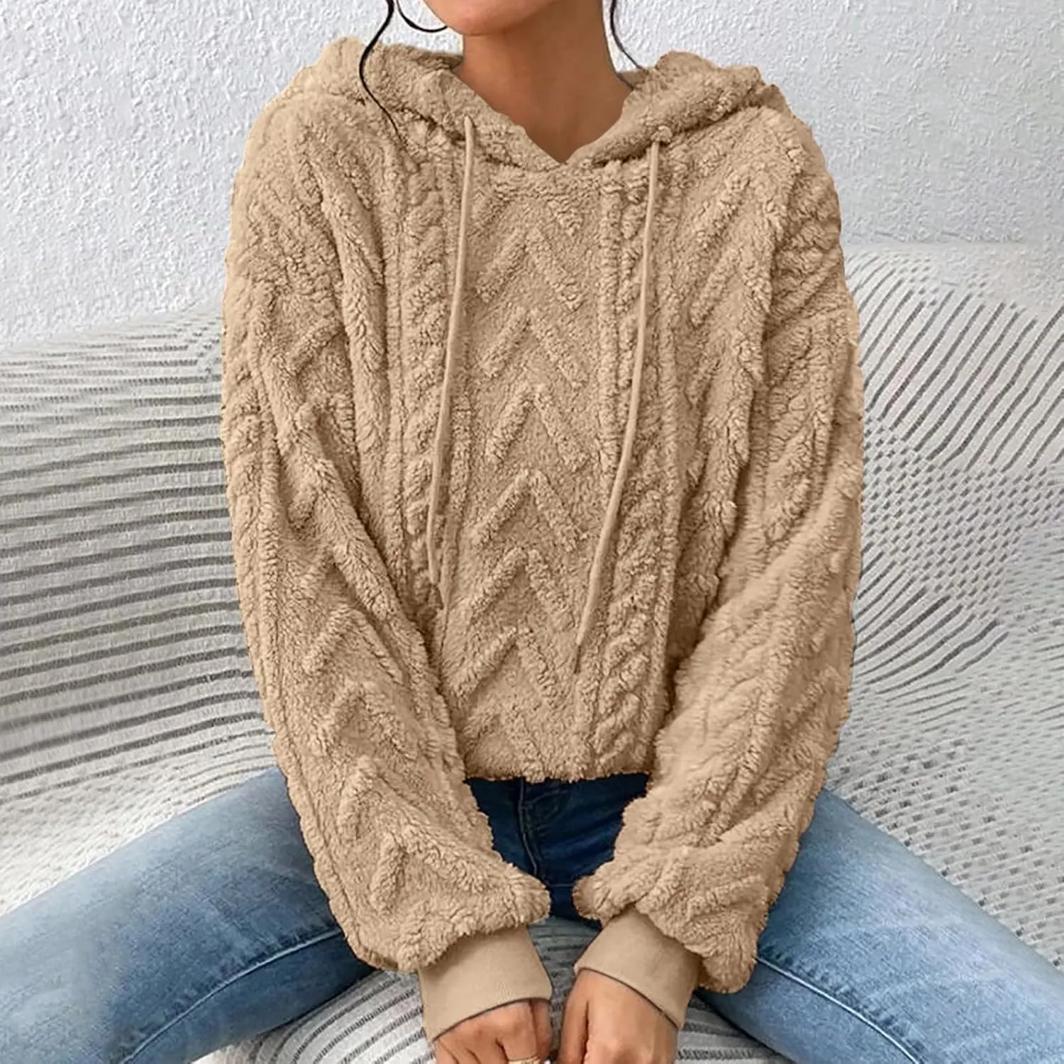 Sherpa Hoodies for Women Fleece Cable Knit Hoodies Fall Winter Warm Y2k Hoodie Oversized Sweatshirts For Women