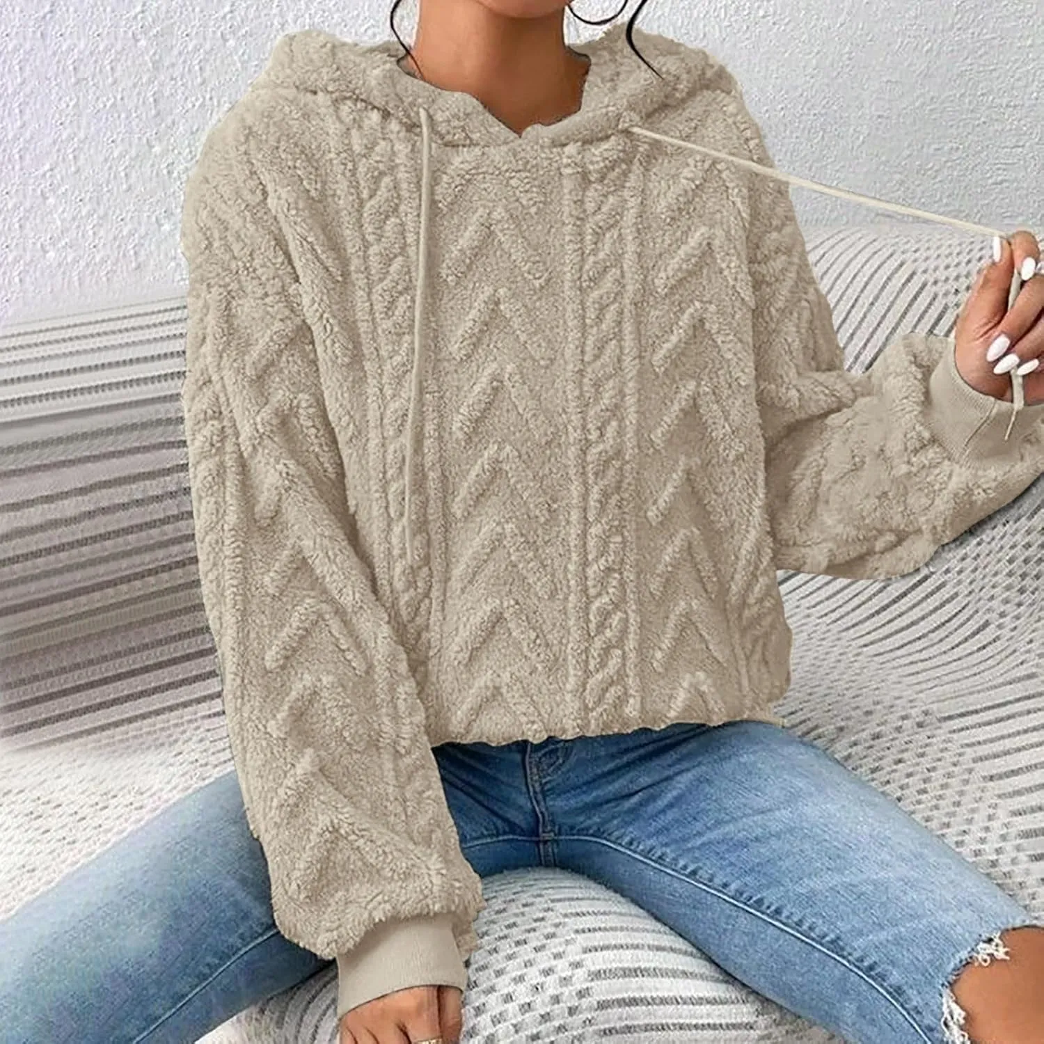 Sherpa Hoodies for Women Fleece Cable Knit Hoodies Fall Winter Warm Y2k Hoodie Oversized Sweatshirts For Women