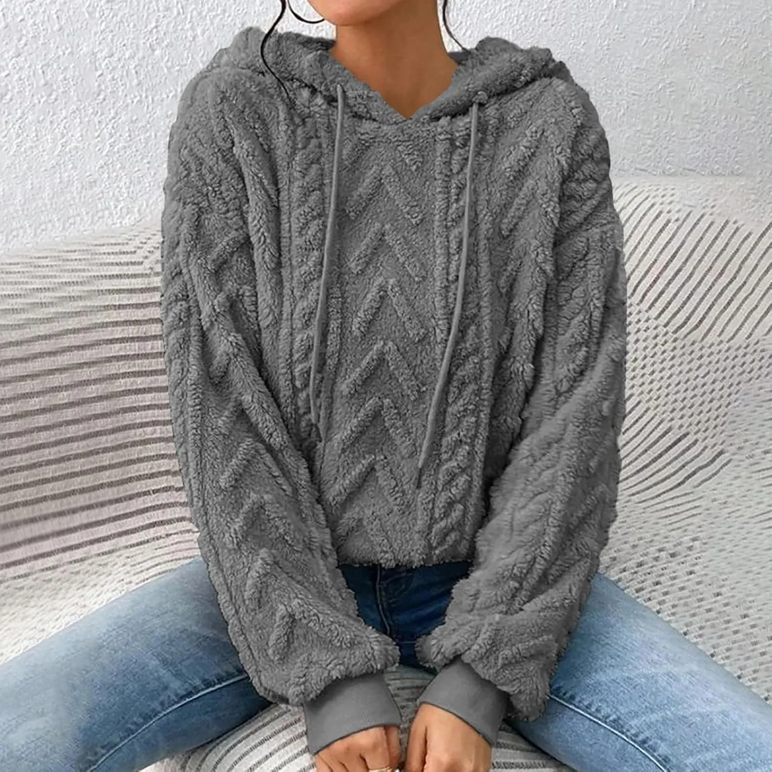 Sherpa Hoodies for Women Fleece Cable Knit Hoodies Fall Winter Warm Y2k Hoodie Oversized Sweatshirts For Women