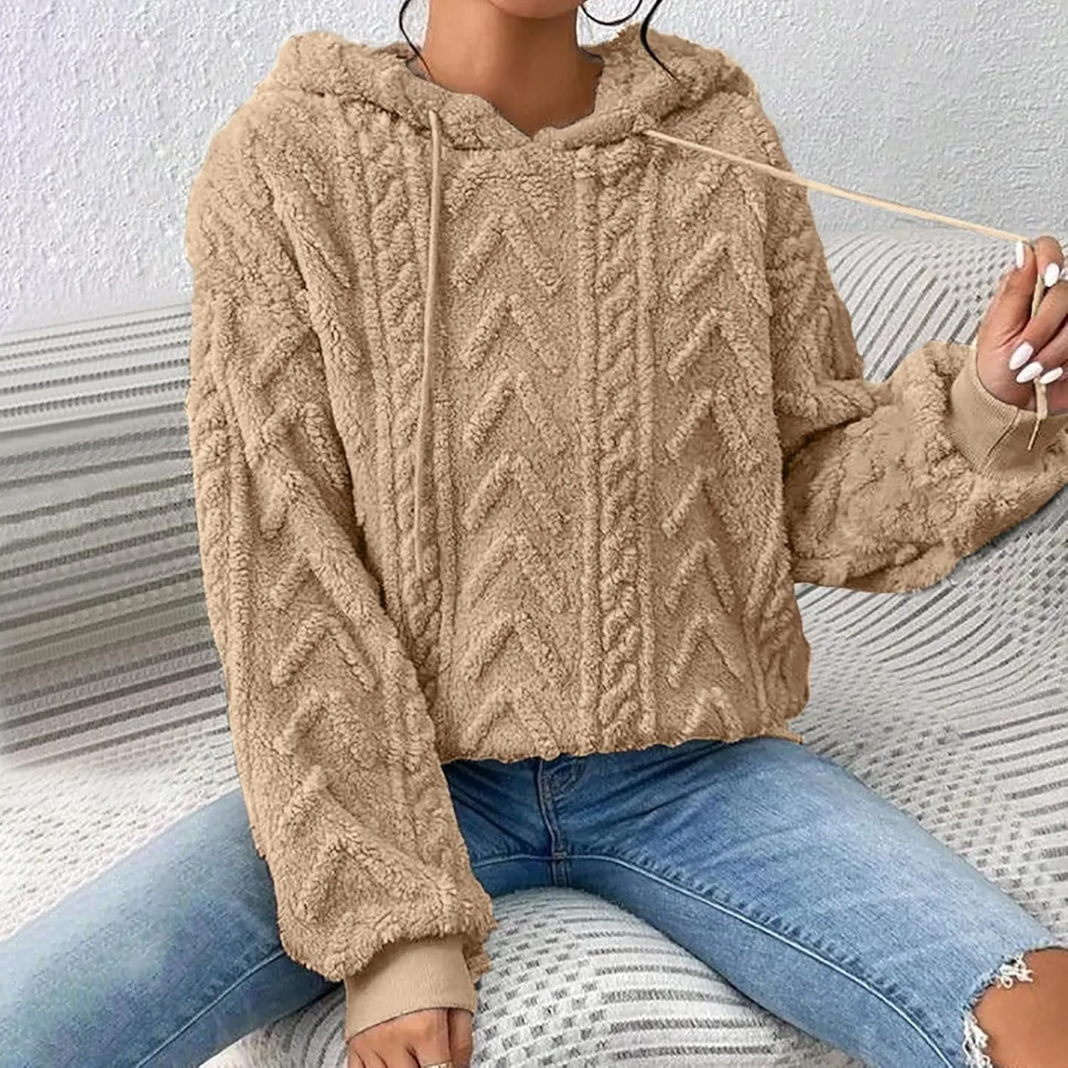 Sherpa Hoodies for Women Fleece Cable Knit Hoodies Fall Winter Warm Y2k Hoodie Oversized Sweatshirts For Women