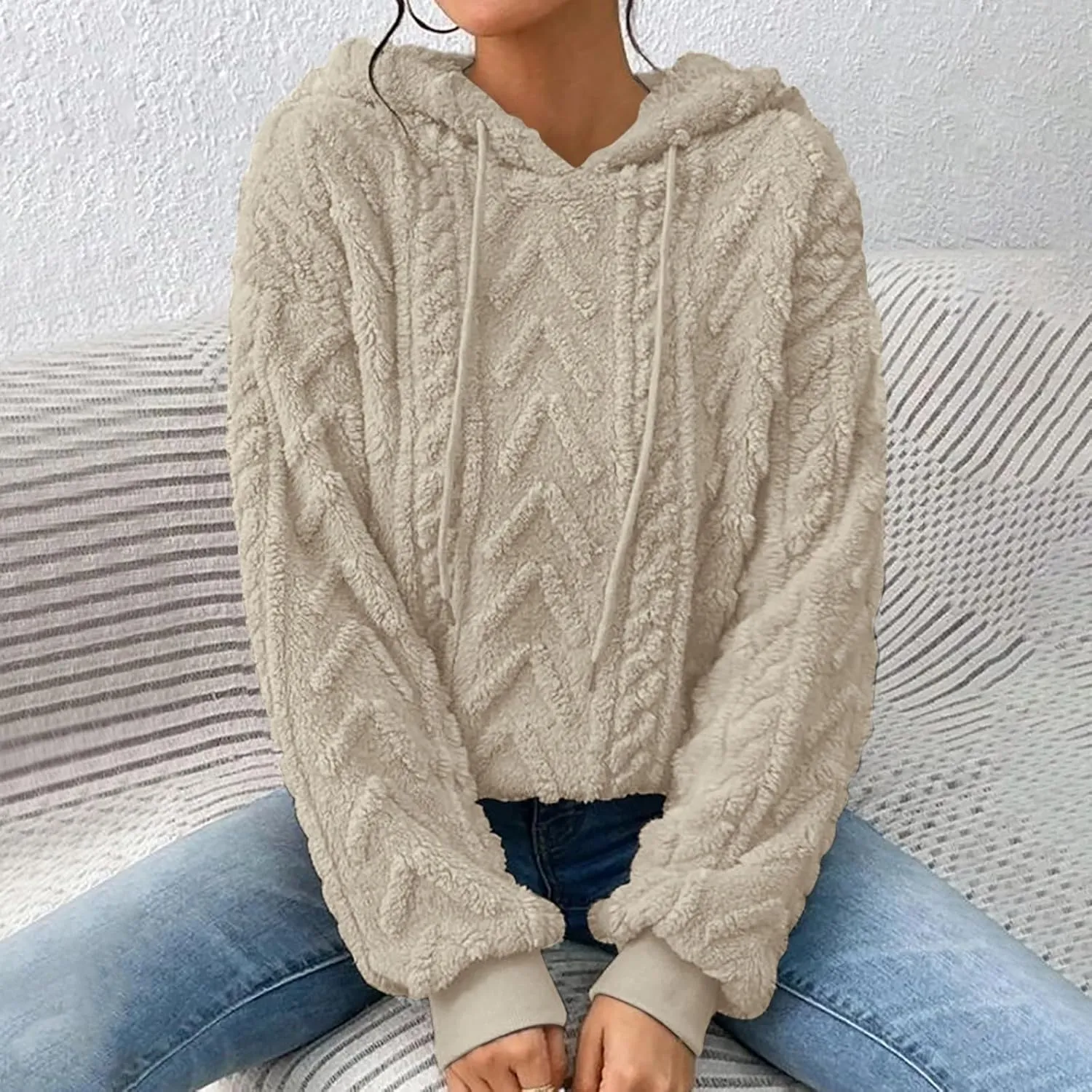 Sherpa Hoodies for Women Fleece Cable Knit Hoodies Fall Winter Warm Y2k Hoodie Oversized Sweatshirts For Women