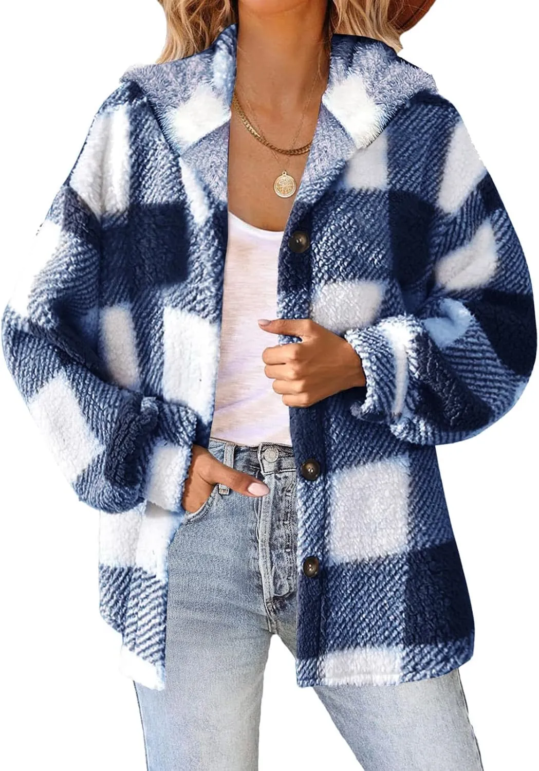 Sherpa Jacket For Women Fuzzy Fleece Winter Coats Plaid Button Down Shacket Casual Warm Teddy Coat Outwear 2023
