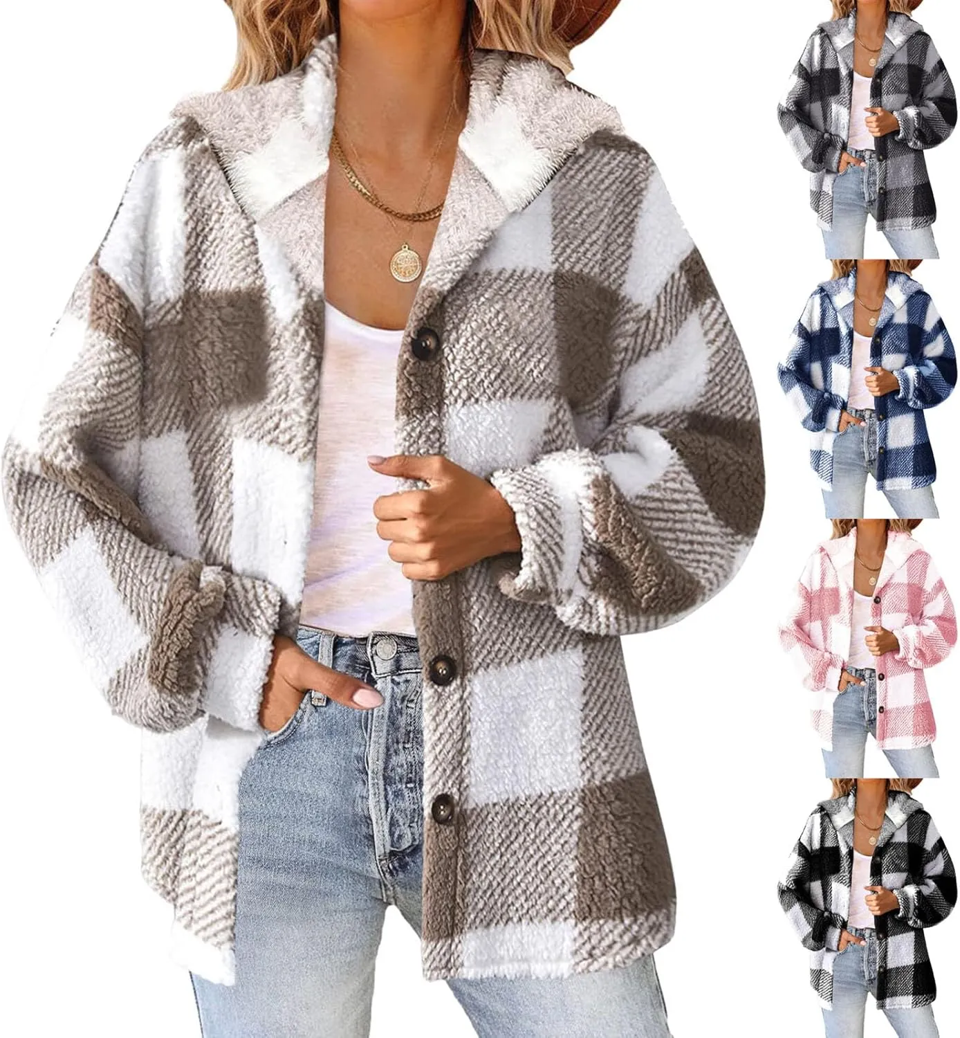 Sherpa Jacket For Women Fuzzy Fleece Winter Coats Plaid Button Down Shacket Casual Warm Teddy Coat Outwear 2023