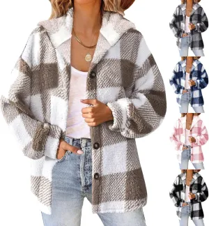 Sherpa Jacket For Women Fuzzy Fleece Winter Coats Plaid Button Down Shacket Casual Warm Teddy Coat Outwear 2023
