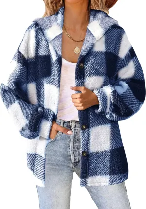 Sherpa Jacket For Women Fuzzy Fleece Winter Coats Plaid Button Down Shacket Casual Warm Teddy Coat Outwear 2023