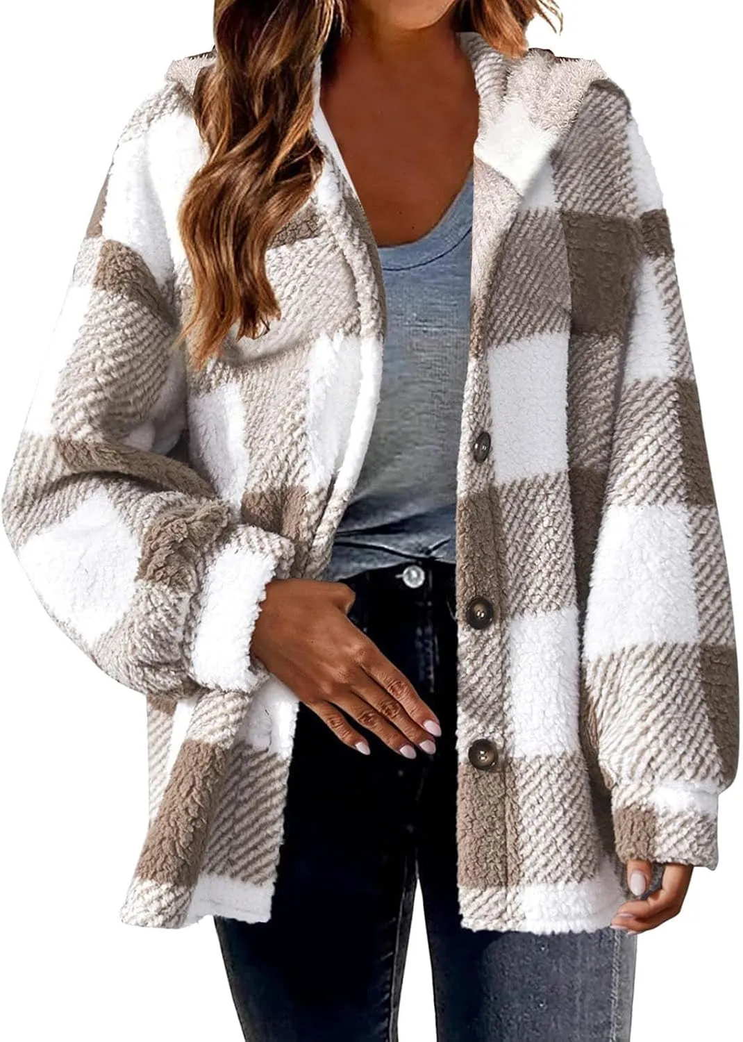 Sherpa Jacket For Women Fuzzy Fleece Winter Coats Plaid Button Down Shacket Casual Warm Teddy Coat Outwear 2023