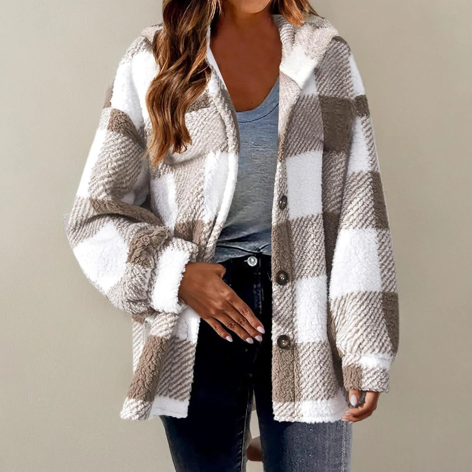 Sherpa Jacket For Women Fuzzy Fleece Winter Coats Plaid Button Down Shacket Casual Warm Teddy Coat Outwear 2023