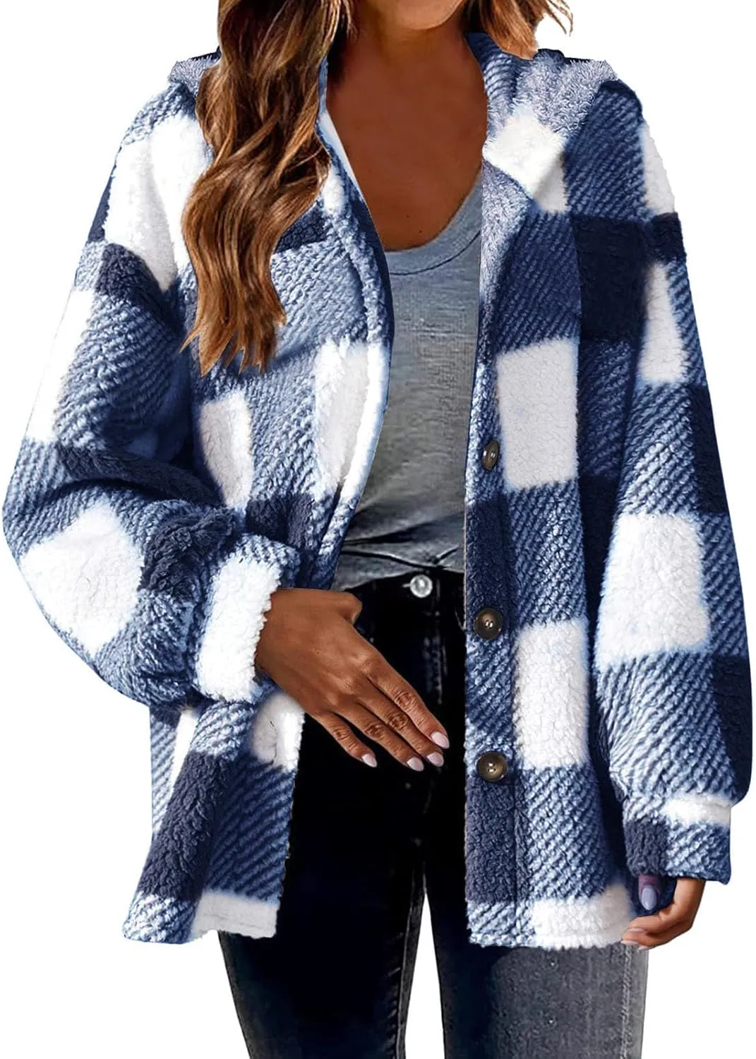 Sherpa Jacket For Women Fuzzy Fleece Winter Coats Plaid Button Down Shacket Casual Warm Teddy Coat Outwear 2023
