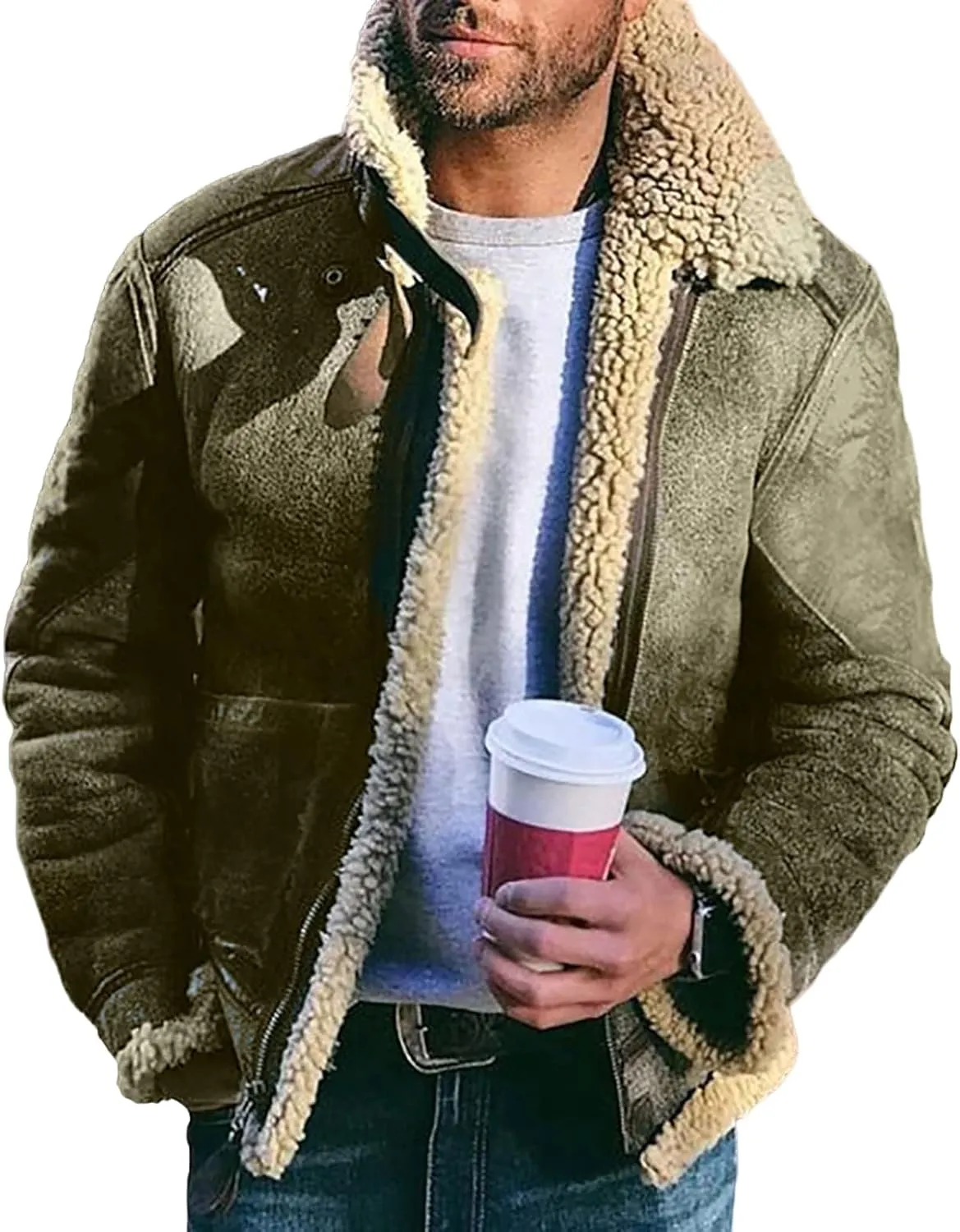 Sherpa Lined Jacket Men Faux Leather Fuzzy Fleece Bomber Jack Mens Winter Heavyweight Suede Faux Fur Trench Coat
