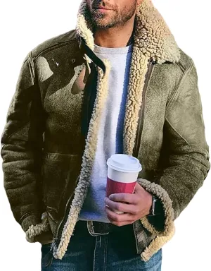 Sherpa Lined Jacket Men Faux Leather Fuzzy Fleece Bomber Jack Mens Winter Heavyweight Suede Faux Fur Trench Coat