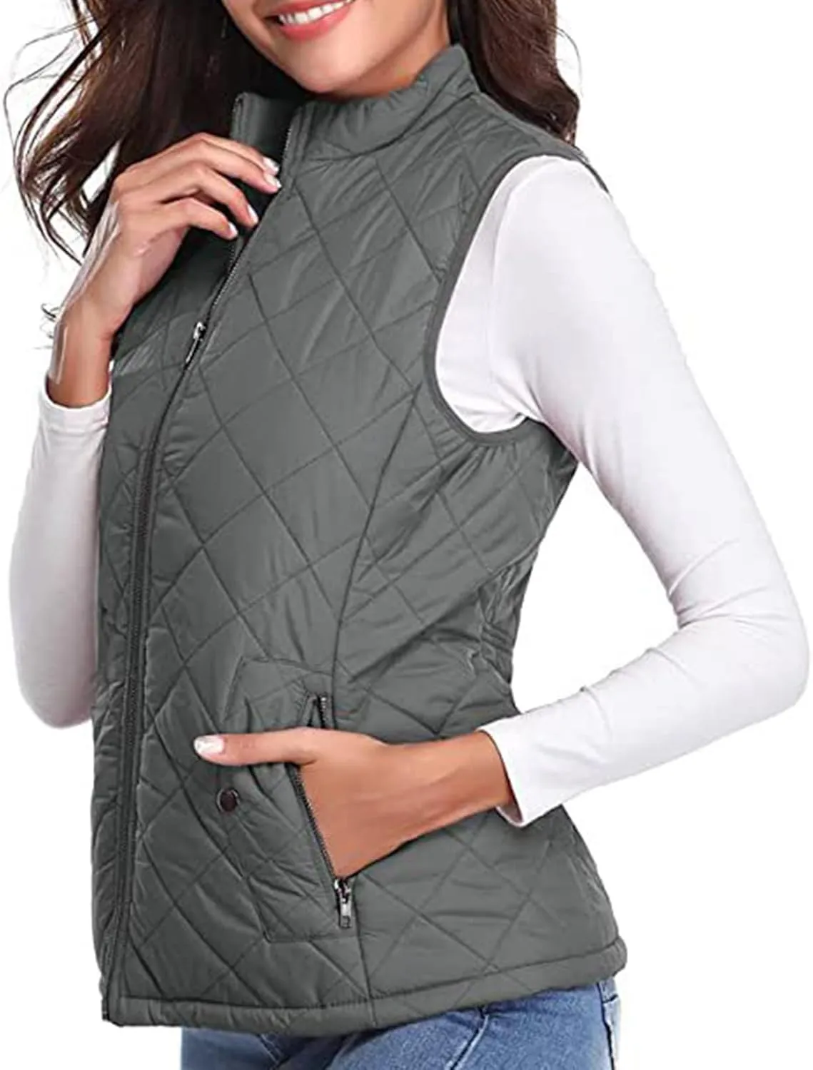 SHOPESSA Quilted Vests for Women Lightweight Stand Collar Down Coat Zip Up Women Padded Gilet with Pockets Thin Puffer Vest