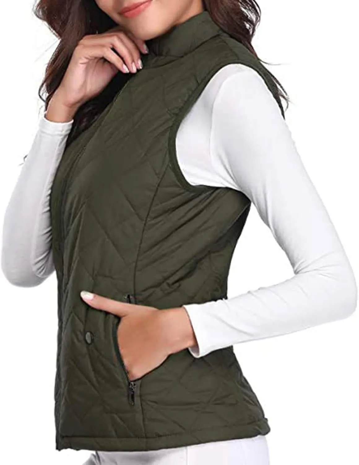 SHOPESSA Quilted Vests for Women Lightweight Stand Collar Down Coat Zip Up Women Padded Gilet with Pockets Thin Puffer Vest