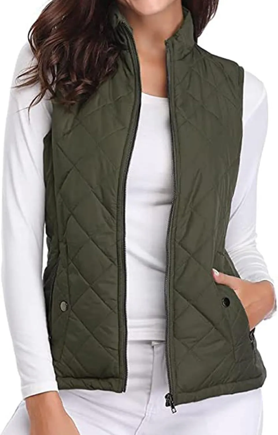 SHOPESSA Quilted Vests for Women Lightweight Stand Collar Down Coat Zip Up Women Padded Gilet with Pockets Thin Puffer Vest