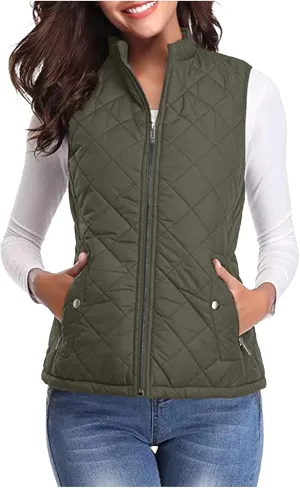 SHOPESSA Quilted Vests for Women Lightweight Stand Collar Down Coat Zip Up Women Padded Gilet with Pockets Thin Puffer Vest