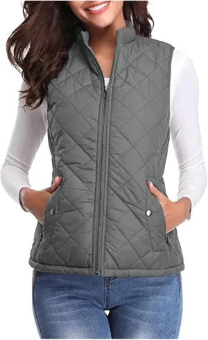 SHOPESSA Quilted Vests for Women Lightweight Stand Collar Down Coat Zip Up Women Padded Gilet with Pockets Thin Puffer Vest