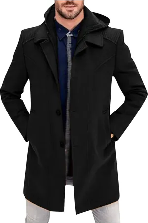 Sinzelimin Men's Hooded Windbreaker Jacket Fall Winter Fashion Wool Trench Coat Button Shawl Collar Mid-Length Outwear Jacket