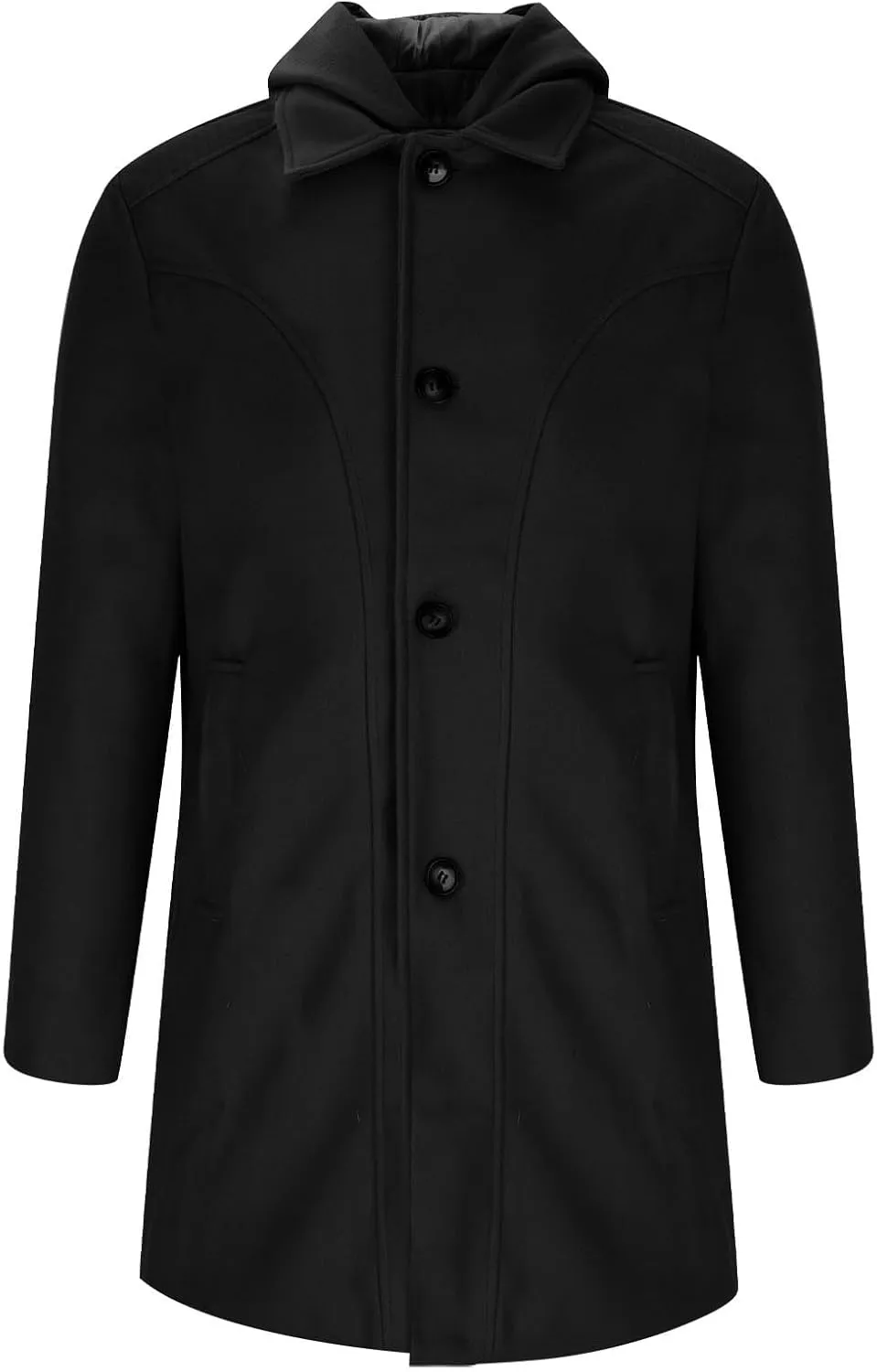 Sinzelimin Men's Hooded Windbreaker Jacket Fall Winter Fashion Wool Trench Coat Button Shawl Collar Mid-Length Outwear Jacket