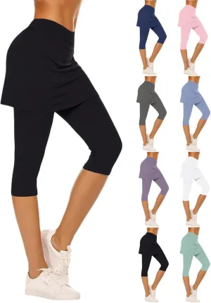 Skirted Leggings for Women Capri Athletic Golf Skorts Gym Tennis Yoga Legging High Waisted Capri Leggings with Skirts