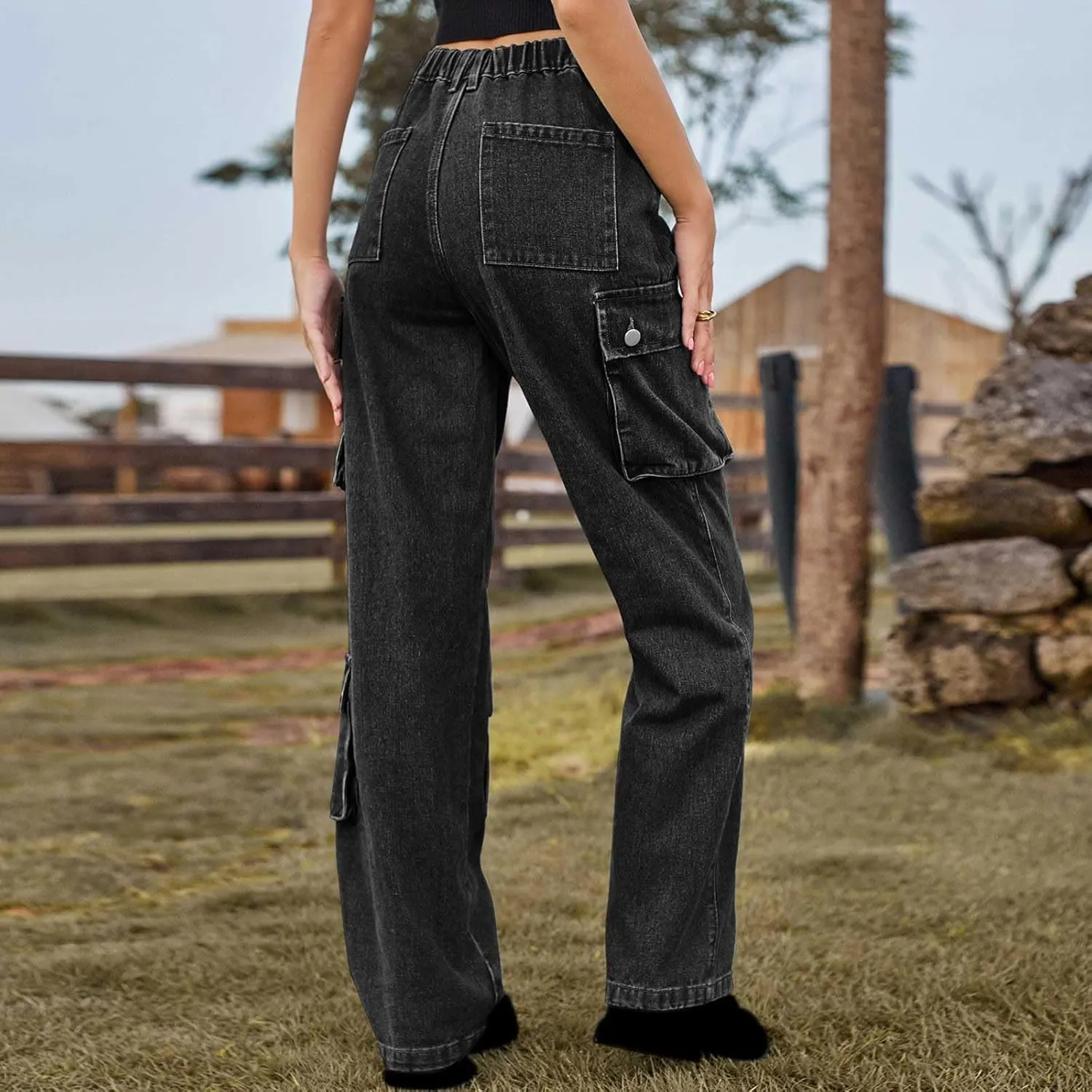 SMIDOW High Waist Denim Cargo Pants for Women Casual Baggy Straight Wide Leg Pants Trendy Y2K Streetwear Jeans