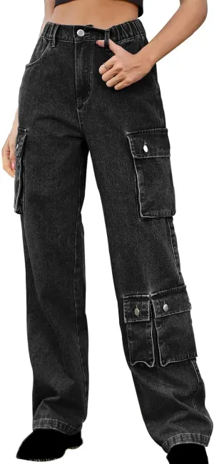 SMIDOW High Waist Denim Cargo Pants for Women Casual Baggy Straight Wide Leg Pants Trendy Y2K Streetwear Jeans