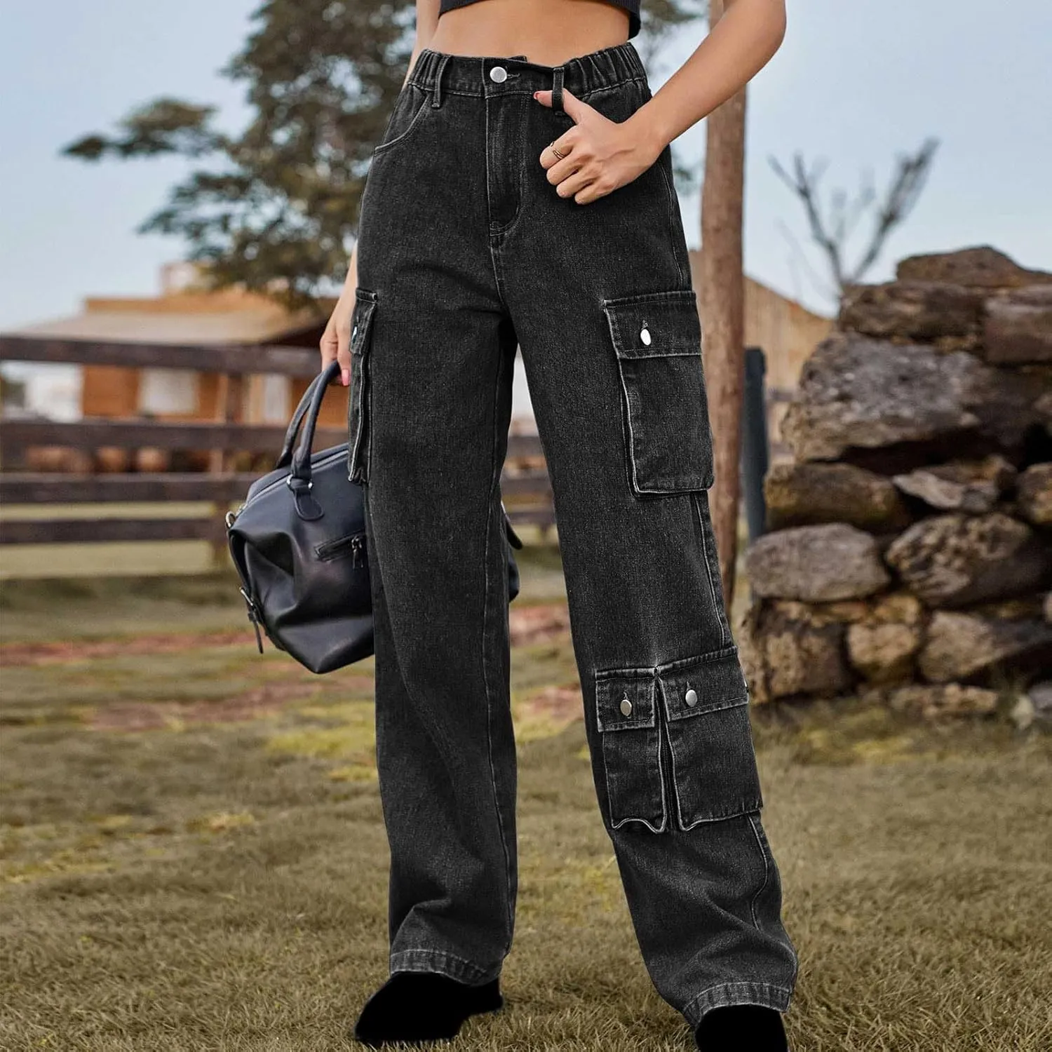 SMIDOW High Waist Denim Cargo Pants for Women Casual Baggy Straight Wide Leg Pants Trendy Y2K Streetwear Jeans