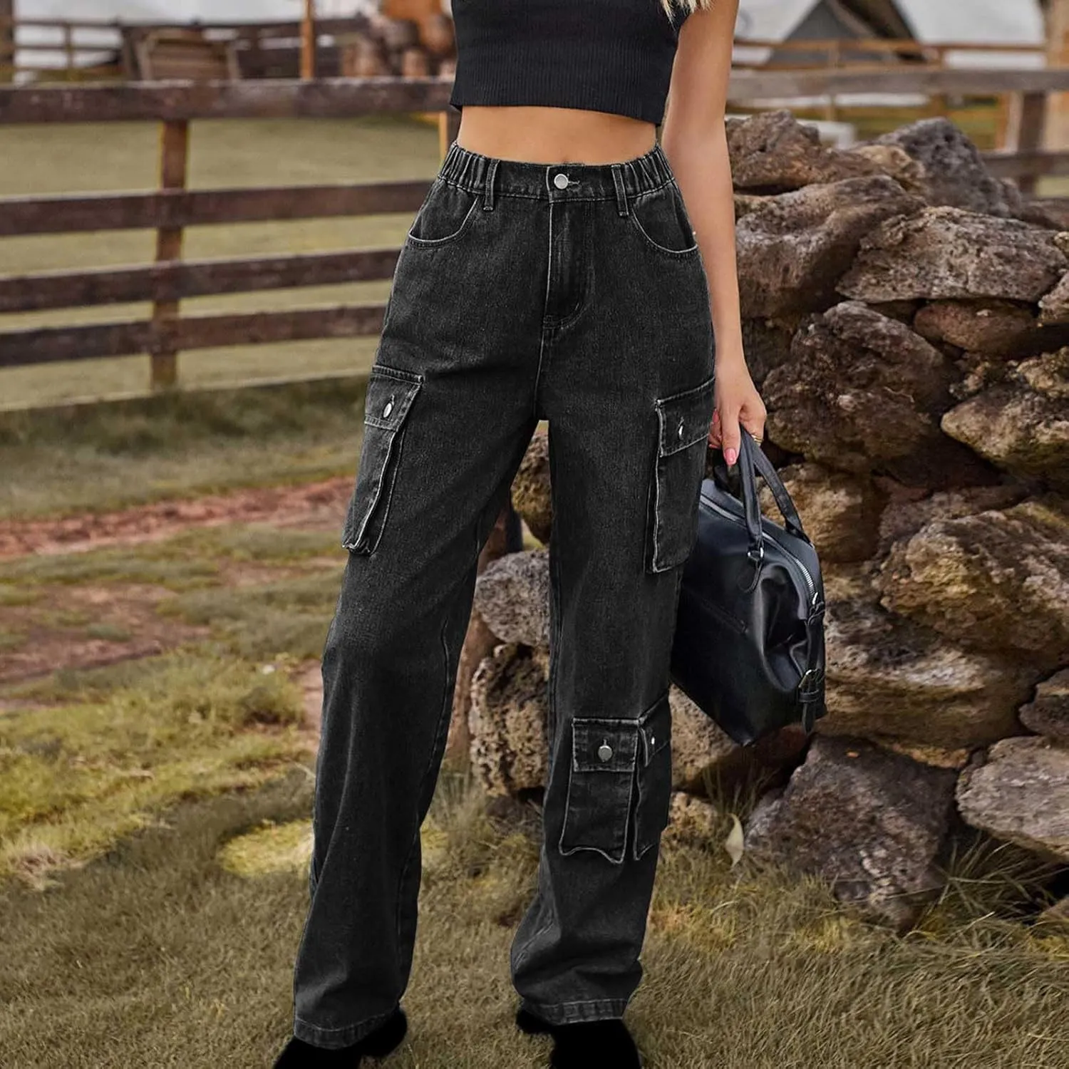 SMIDOW High Waist Denim Cargo Pants for Women Casual Baggy Straight Wide Leg Pants Trendy Y2K Streetwear Jeans