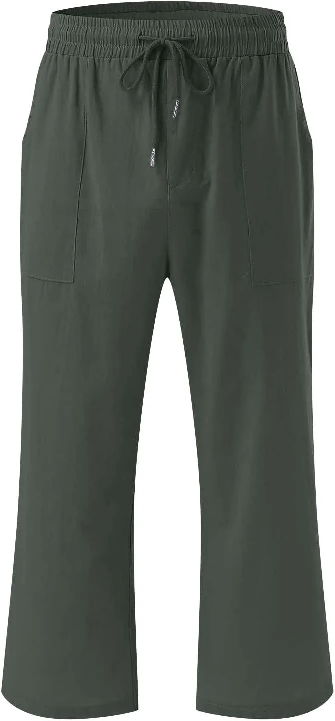 SMIDOW Women's Cotton Linen Capris Cropped Casual Pants Straight Leg Drawstring Elastic High Waist Loose Trousers with Pocket