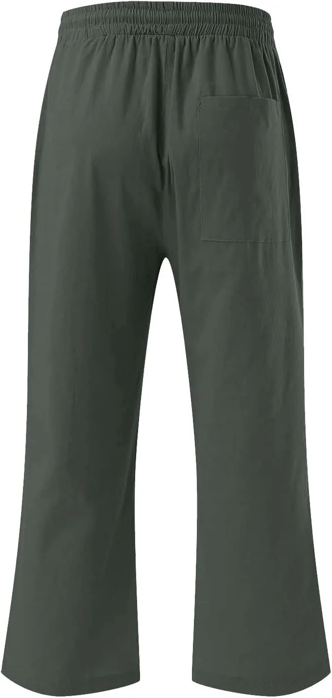 SMIDOW Women's Cotton Linen Capris Cropped Casual Pants Straight Leg Drawstring Elastic High Waist Loose Trousers with Pocket