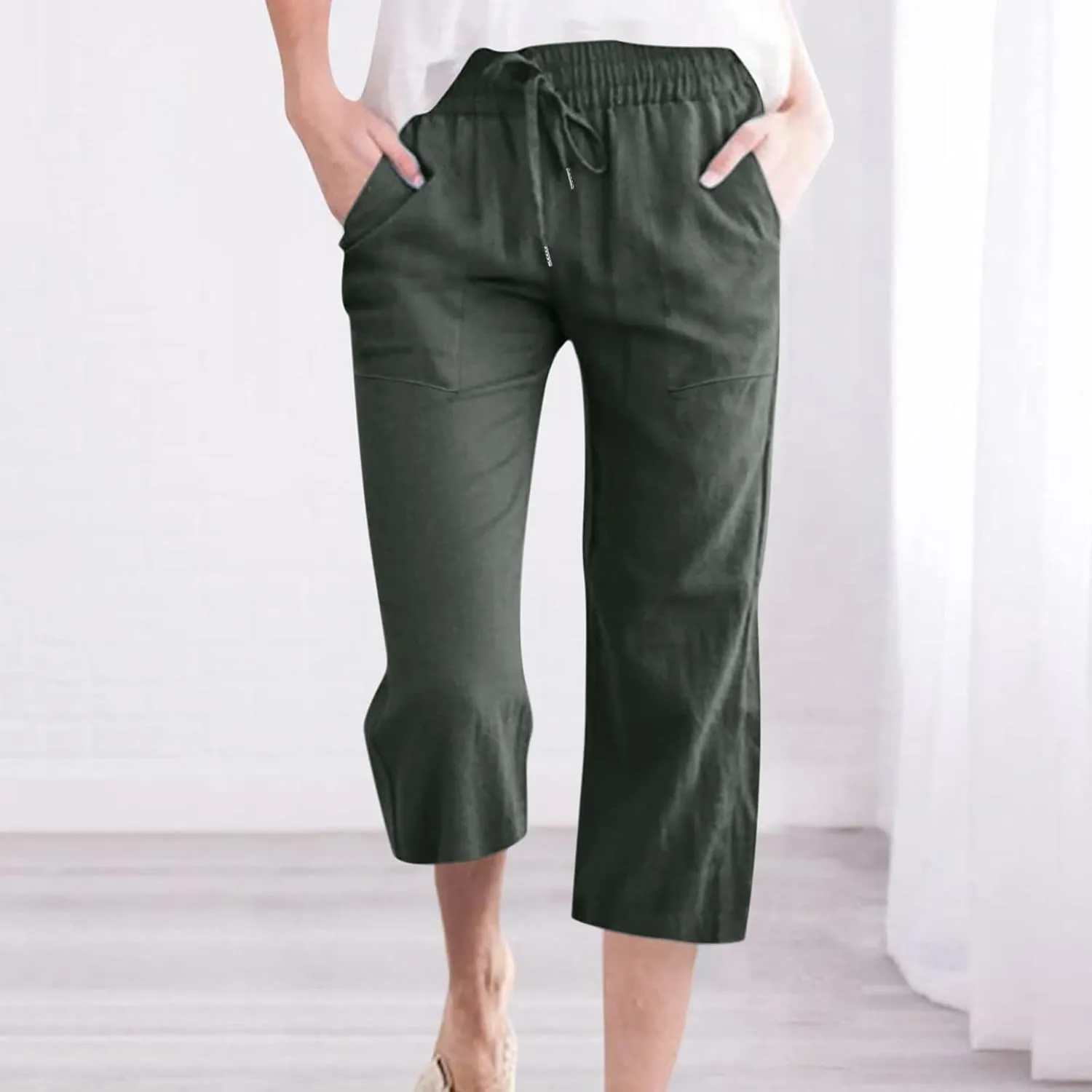 SMIDOW Women's Cotton Linen Capris Cropped Casual Pants Straight Leg Drawstring Elastic High Waist Loose Trousers with Pocket