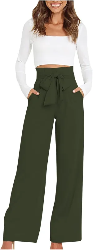 SMIDOW Womens High Waist Wide Leg Pants Paper Bag Business Casual Dress Pant Palazzo Long Work Trousers with Pockets