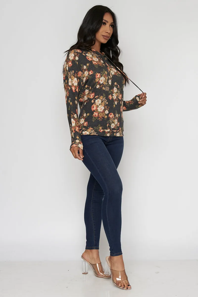 Soft Knit Floral Hoodie with Long Sleeves and Drawstrings* (LST6023)
