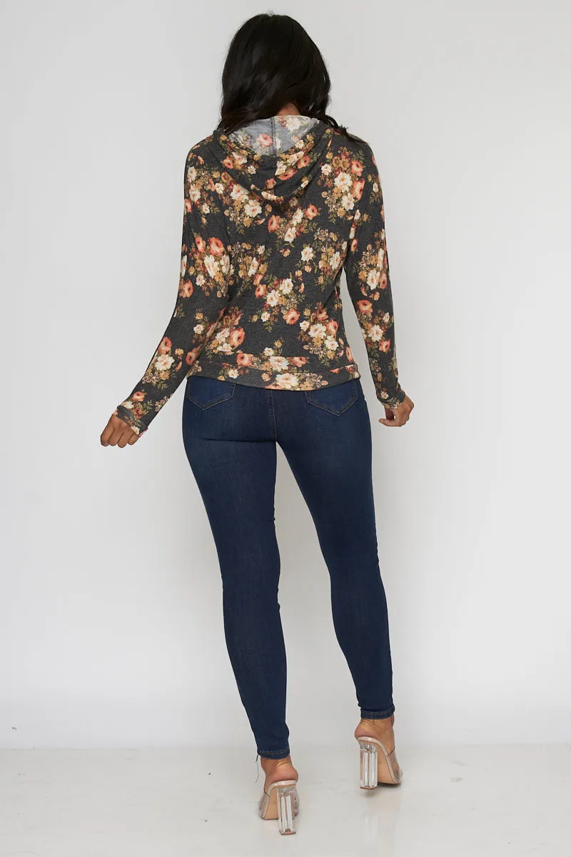 Soft Knit Floral Hoodie with Long Sleeves and Drawstrings* (LST6023)
