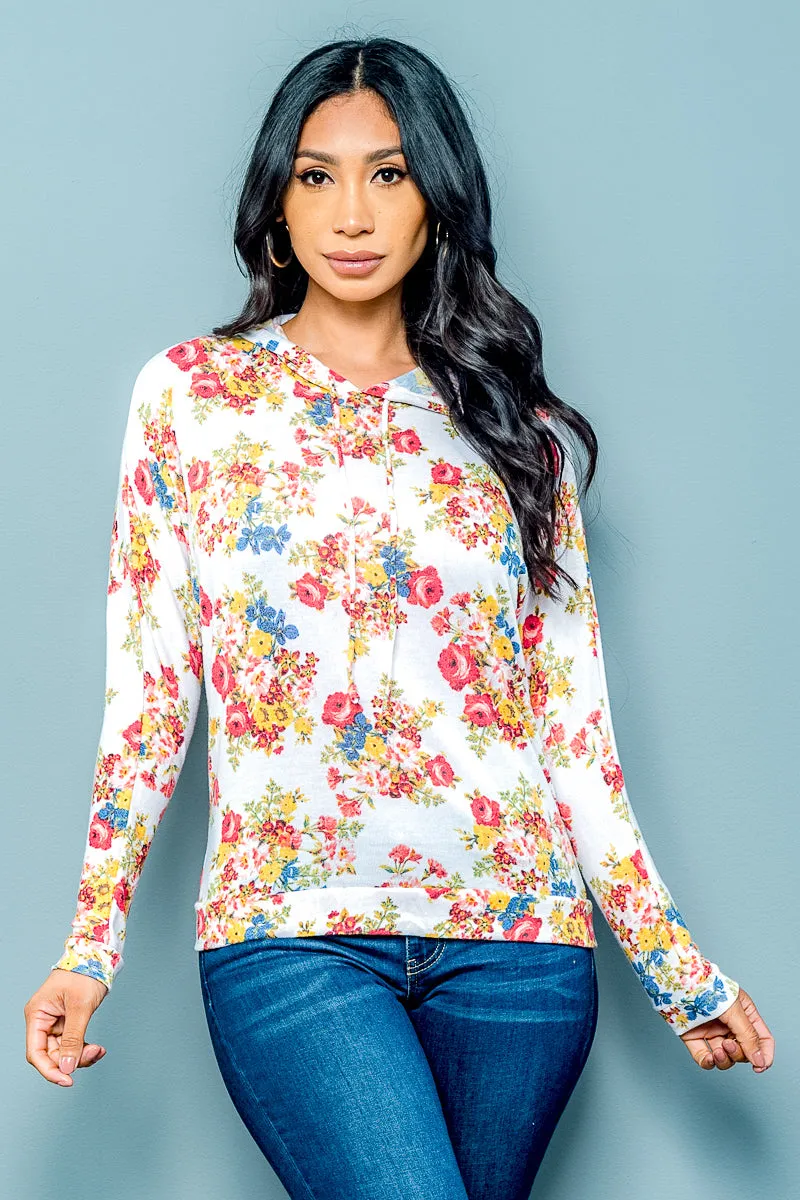 Soft Knit Floral Hoodie with Long Sleeves and Drawstrings* (LST6023)