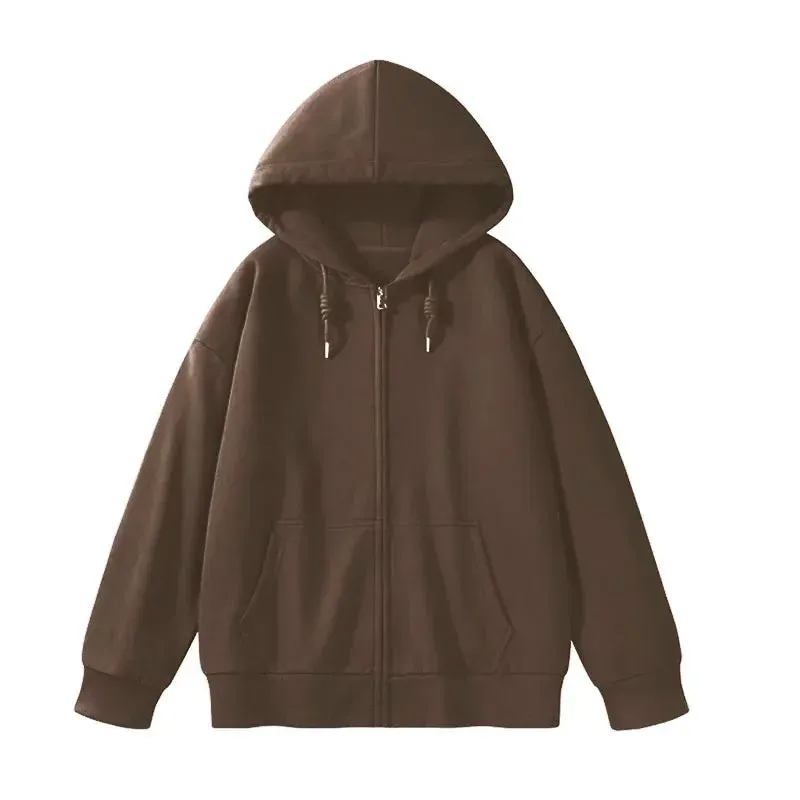 Solid Color Casual Drawstring Women's Hoodies Pockets Zip-up Simple O-neck Basic Streetwear Fashion Simple Office Ladies