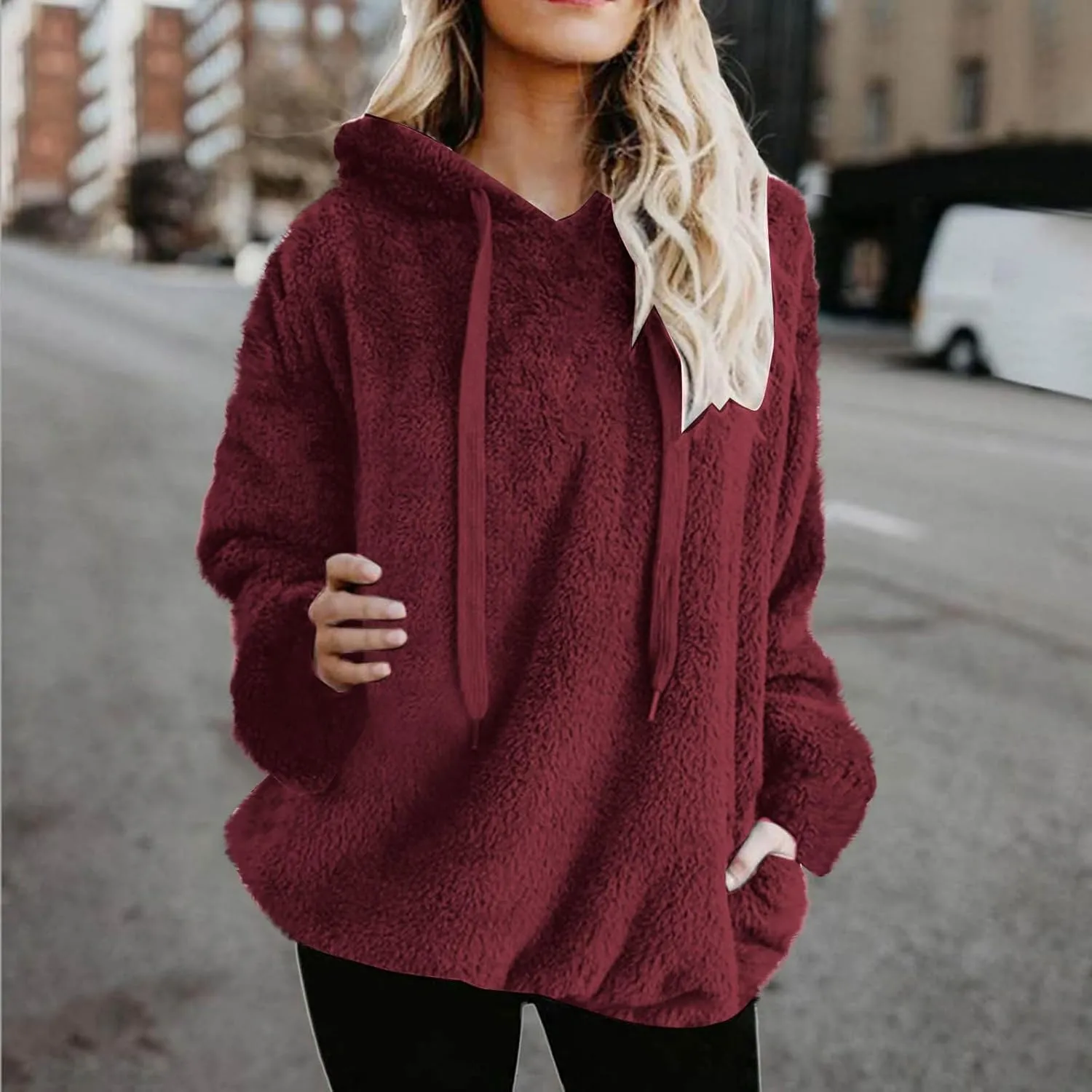 Solid Plush Hoodies for Women Drawstring Round Neck Fleece Pullover Sweatshirts 2025 Winter Oversized Hooded Tops