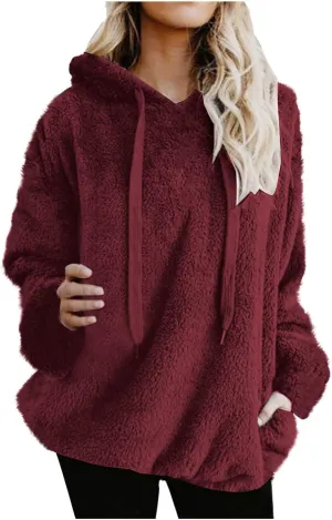 Solid Plush Hoodies for Women Drawstring Round Neck Fleece Pullover Sweatshirts 2025 Winter Oversized Hooded Tops