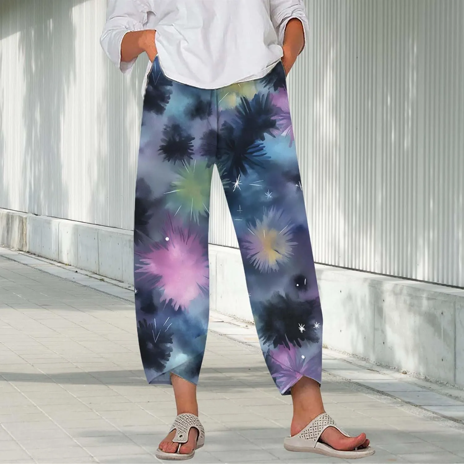 Star Graphic Printed Pants for Womens Cotton Linen Summer Cute Capri Pants Wide Leg Comfy Baggy Palazzo Trousers