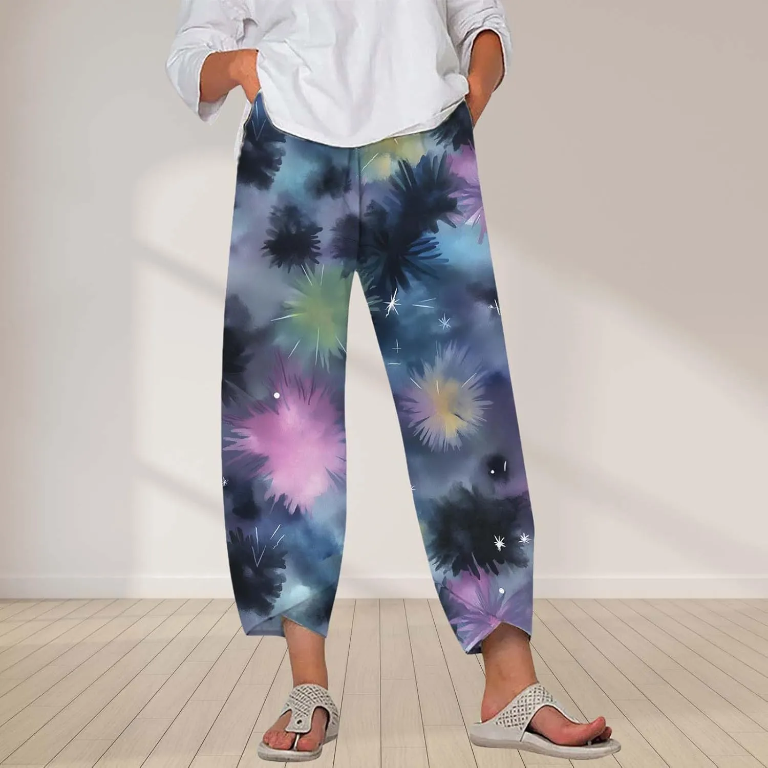 Star Graphic Printed Pants for Womens Cotton Linen Summer Cute Capri Pants Wide Leg Comfy Baggy Palazzo Trousers