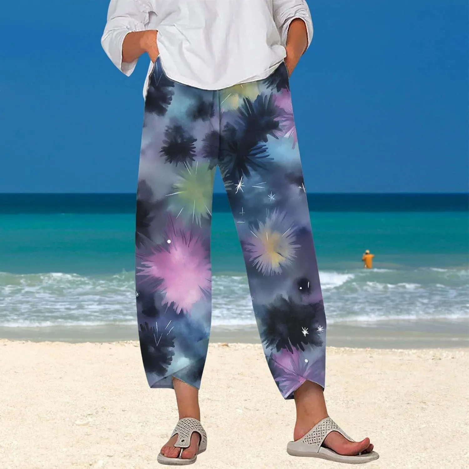 Star Graphic Printed Pants for Womens Cotton Linen Summer Cute Capri Pants Wide Leg Comfy Baggy Palazzo Trousers