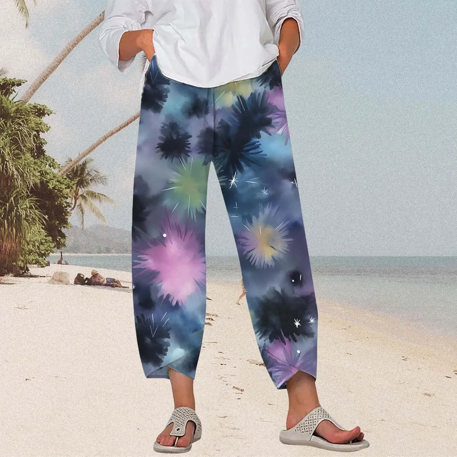 Star Graphic Printed Pants for Womens Cotton Linen Summer Cute Capri Pants Wide Leg Comfy Baggy Palazzo Trousers