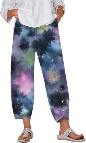Star Graphic Printed Pants for Womens Cotton Linen Summer Cute Capri Pants Wide Leg Comfy Baggy Palazzo Trousers